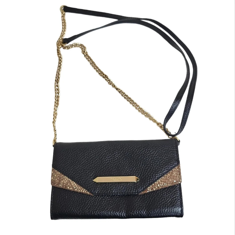 Treesje Black Leather Crossbody Clutch Wallet Gold Chain Leather Strap Bag
